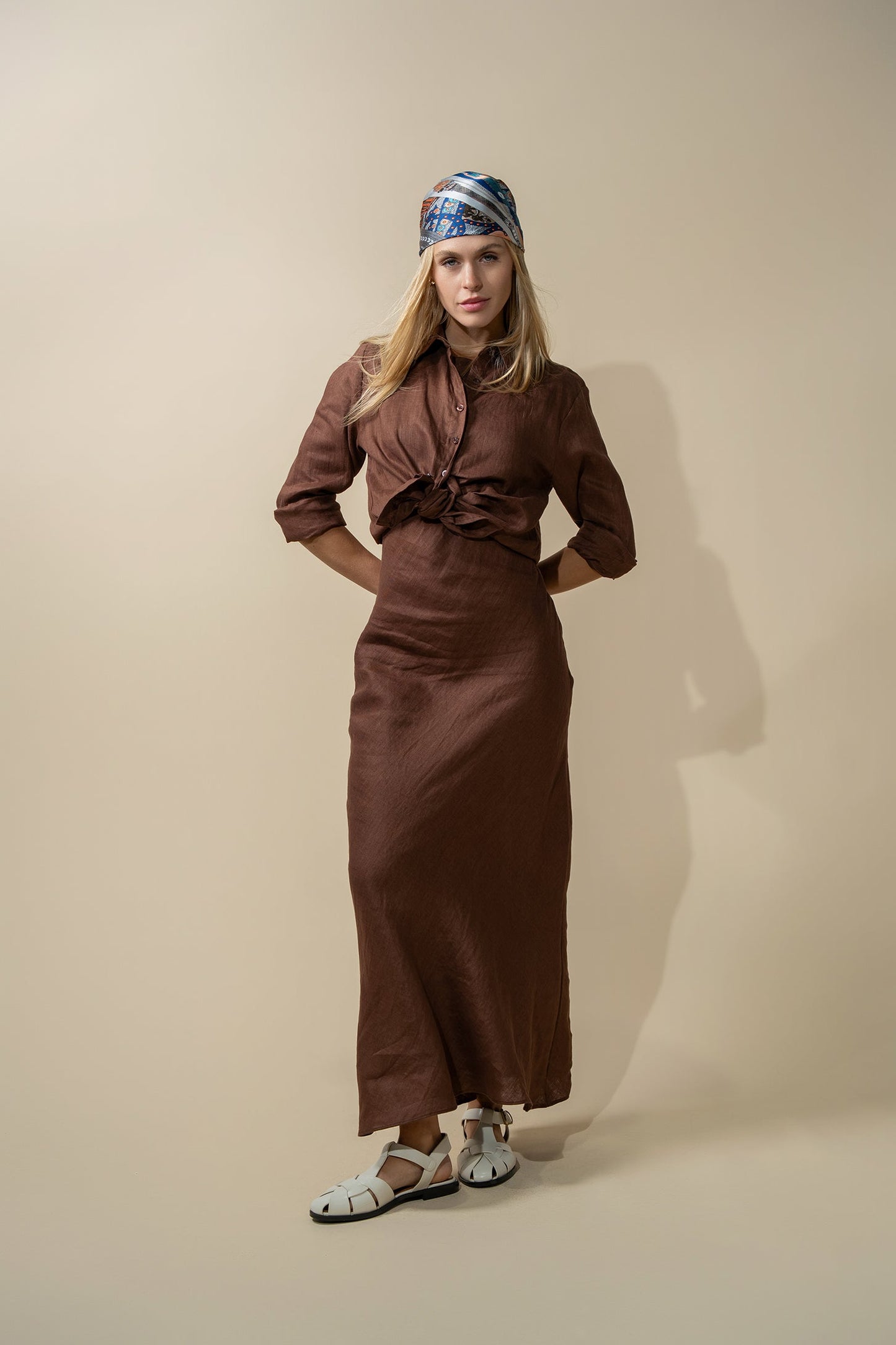 Linen A-Line Slip Dress-Brown