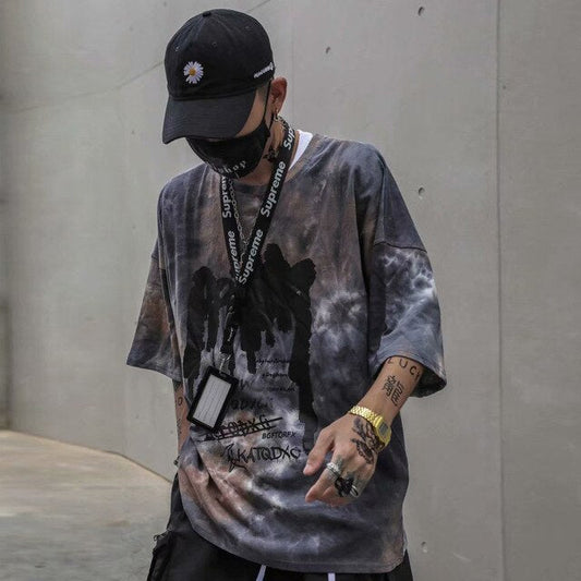 Tie Dye Print T Shirt Men Vintage Casual Cotton Tshirt Male Harajuku Streetwear Short Sleeve Shirts Hip Hop