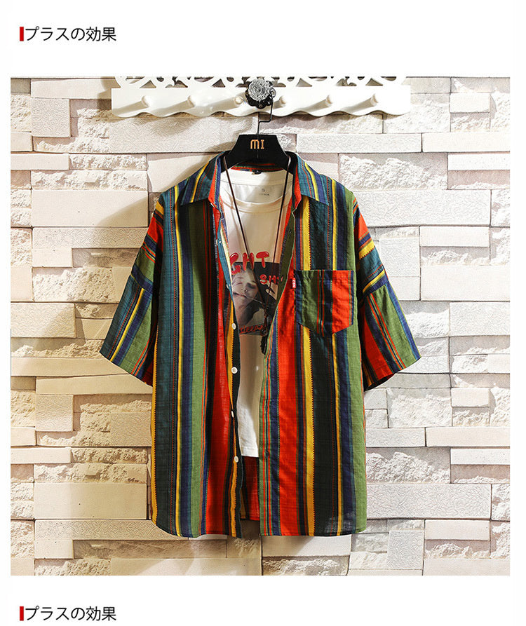 Stripe Bohemian Hawaiian Shirt Men 5XL Japanese Cotton Short Sleeve Beach Casual Shirts Summer Fashion Hip Hop Blouses Male 2020