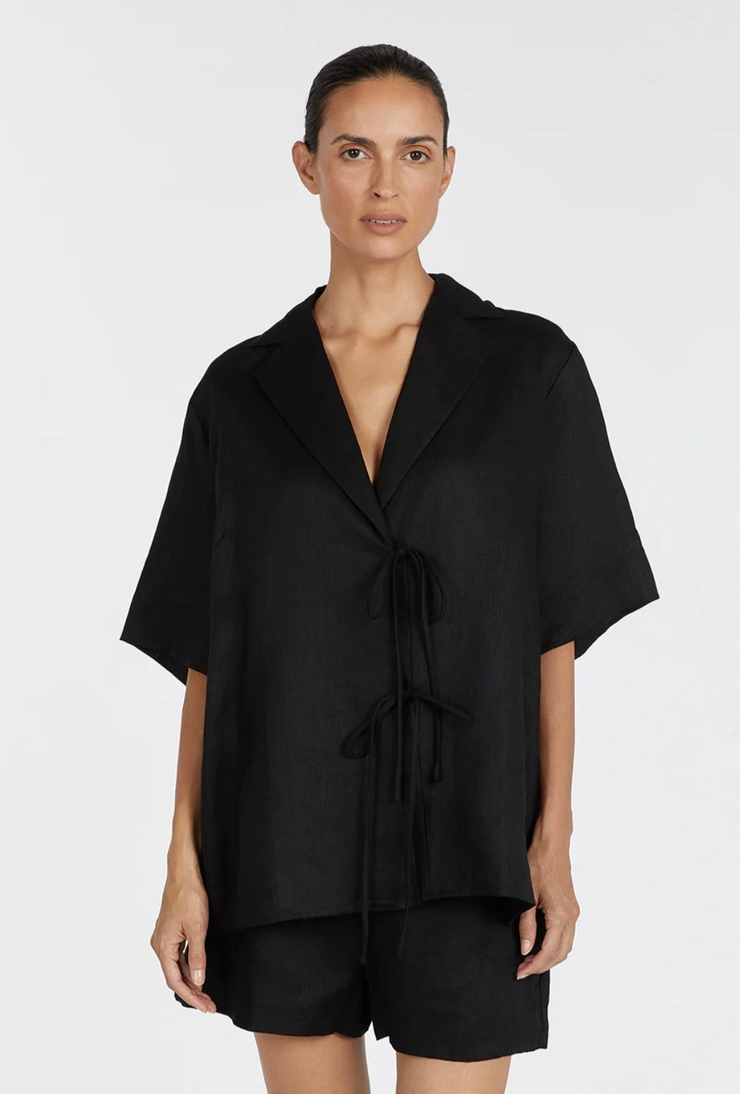 Black Linen Top with Tie-Ups