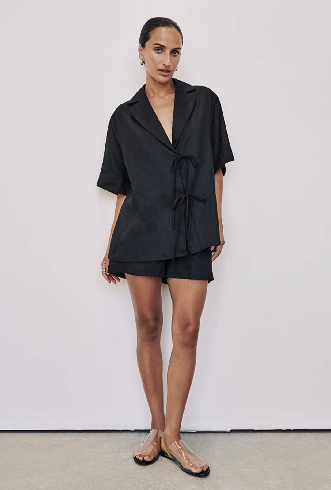 Black Linen Top with Tie-Ups